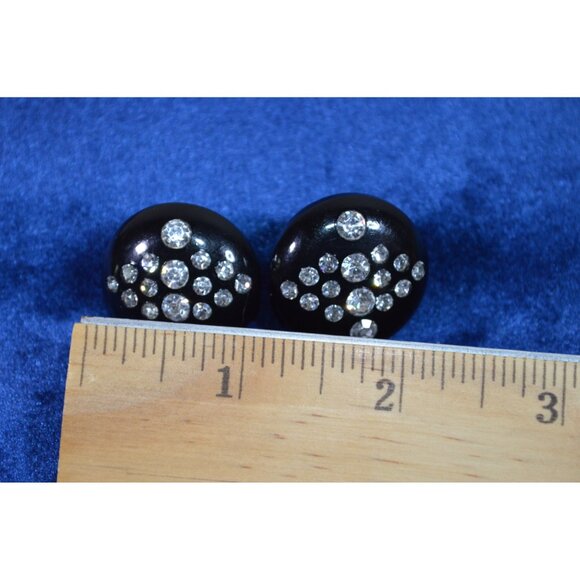 Vintage Black Circle Celluloid Plastic Gemstone Clip On Earrings Rhinestone - Picture 7 of 8